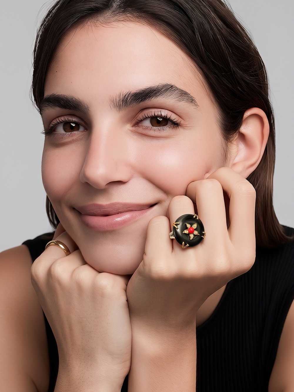 Camille Lucie Elegant Black Enamel Floral Statement Ring